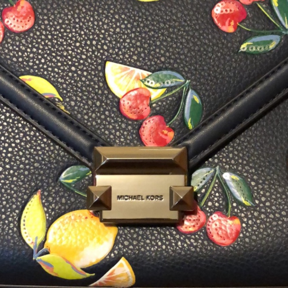 NWT-Michael Kors-Whitney-Medium Sequined Fruit🍒Print🍋Shoulder Bag-Navy-$628 - Picture 2 of 16